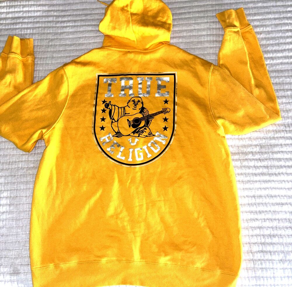 True Religion Buddha Graphic Print Fleece Unisex Hoodie Gold Coast Size 2XL - Picture 2 of 6